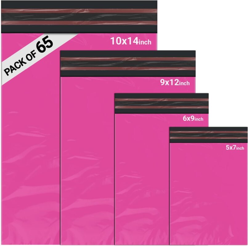 65 Mixed Parcel Bags Hot Pink, Mailer Bags Tamper-Proof Strong Postal Packaging Bags for Shipping